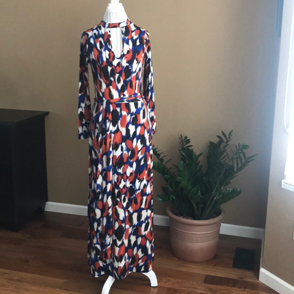 Venus Maxi Dress Blue and Orange with Keyhole and Belt Size S